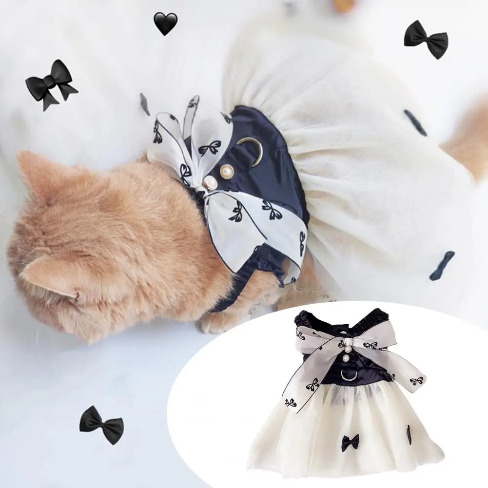 Vestido de princesa gato com nó, extra macio, fechamento de botão, design de pérola falsa, vestido pet, roupas de verão, respirável, continue esfriando