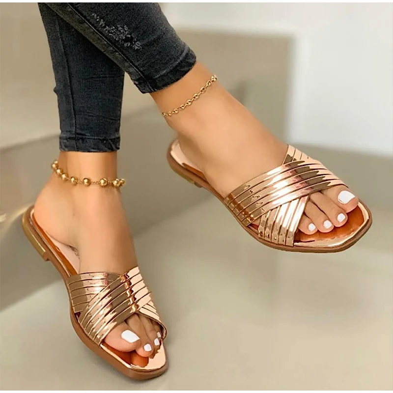 Ladies Slippers Beach Summer Shoes 2022 New Women Slip on Bling Gold Flat Slides Outdoor Shoes Female Casual Sandals Plus Size