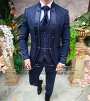 Elegance Jacquard Wedding Suits For Men Tuxedo 3 Pieces Male Groom Prom Blazers Stand Collar Customized Costume Homme Marrige