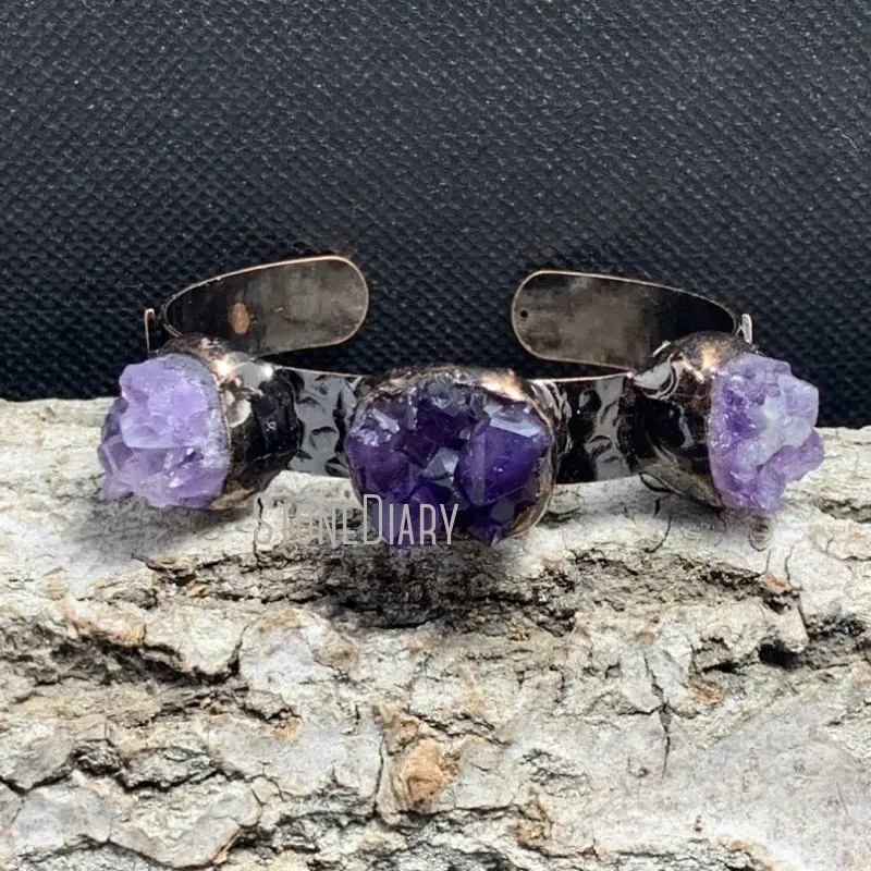 

BM43110 Amethyst Crystal Adjustable Cuff Bracelet Healing Free Form Electroformed Bangle Antique Copper Plated