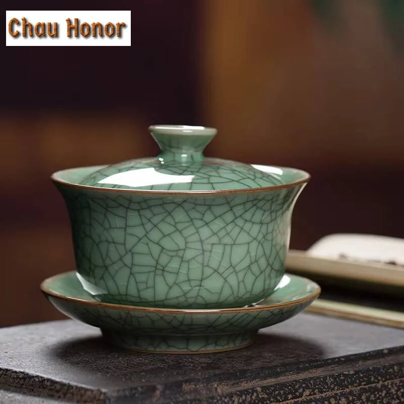 135ml Chinese Longquan Celadon Kung Fu Tea Set Manual Sancai Cover Bowl Ceramic Ge Kiln Ice Crack Hand Grab Tea Bowl Drinkware