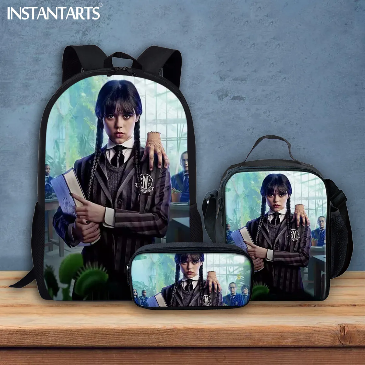 

INSTANTARTS Wednesday Addams School Bag Backpack One Shoulder Pencil Bag Three-piece Set Canvas Bag Large Capacity Leisure Bag