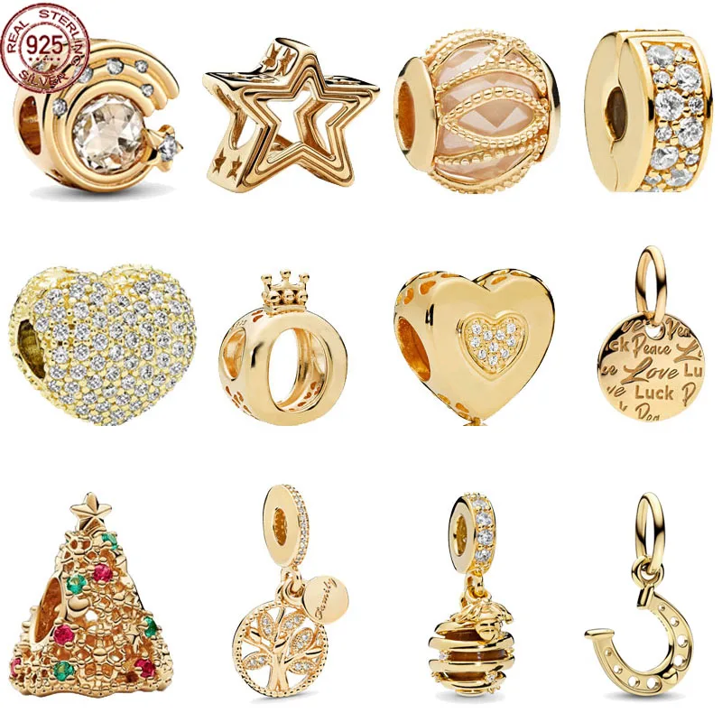 

New gold series 925 sterling silver classic Christmas tree star pendant fits original Pandora bracelet DIY jewelry gift