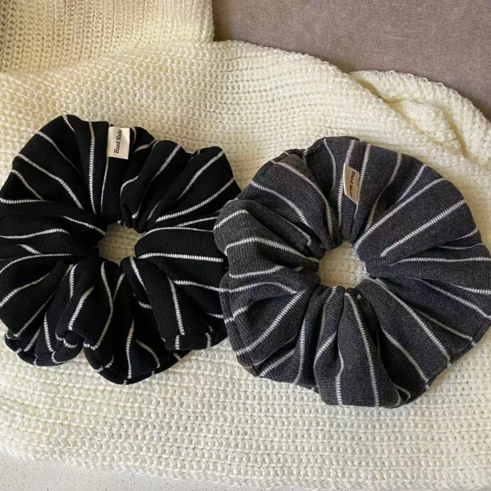 Striped Handmade Neutral Tone Hair Scrunchies - Elastic Bands