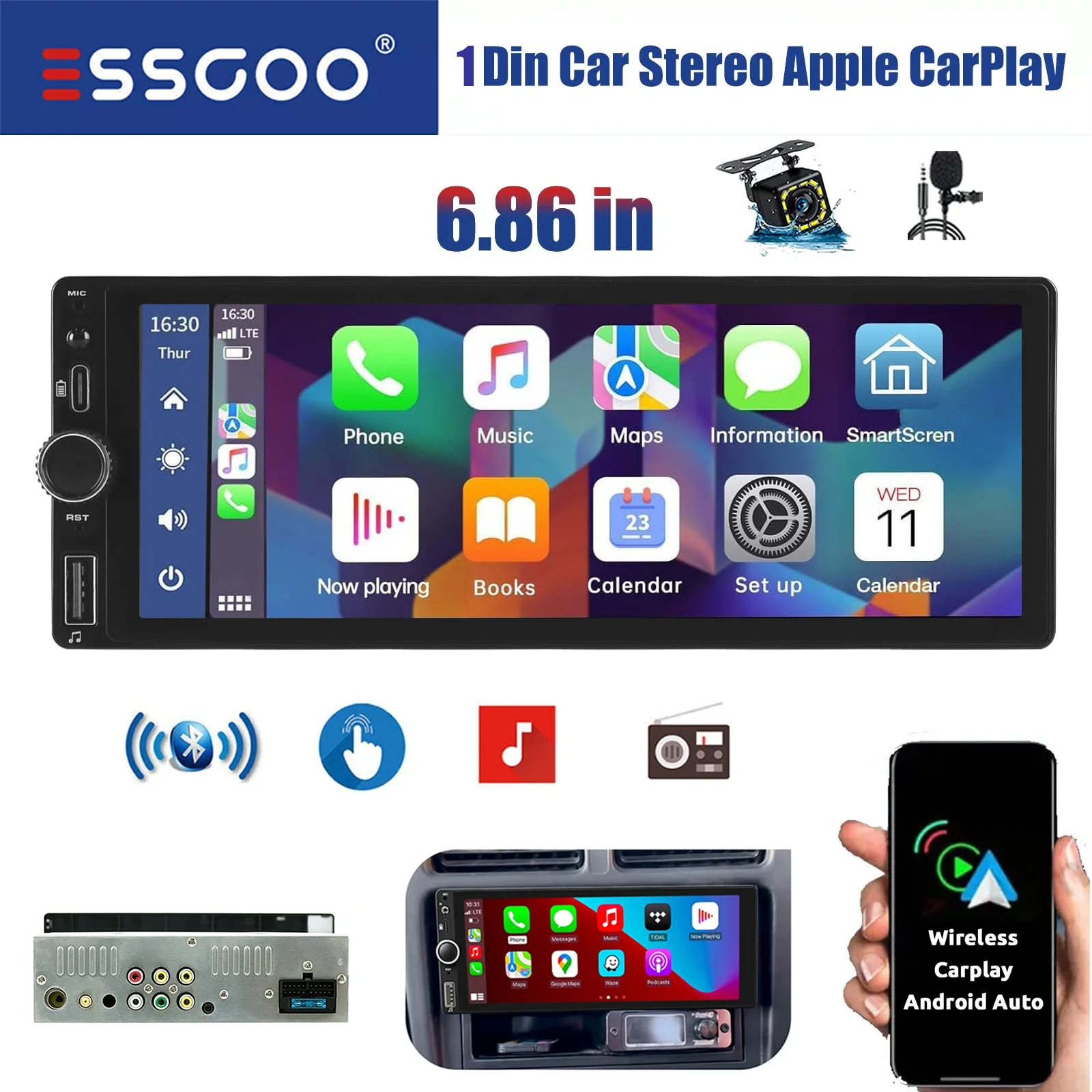 ESSGOO 6.86" Single 1 Din Universal Car Stereo Radio Wireless Carplay Android BT FM SWC GPS NAVI USB Type C Aux Mirror Link