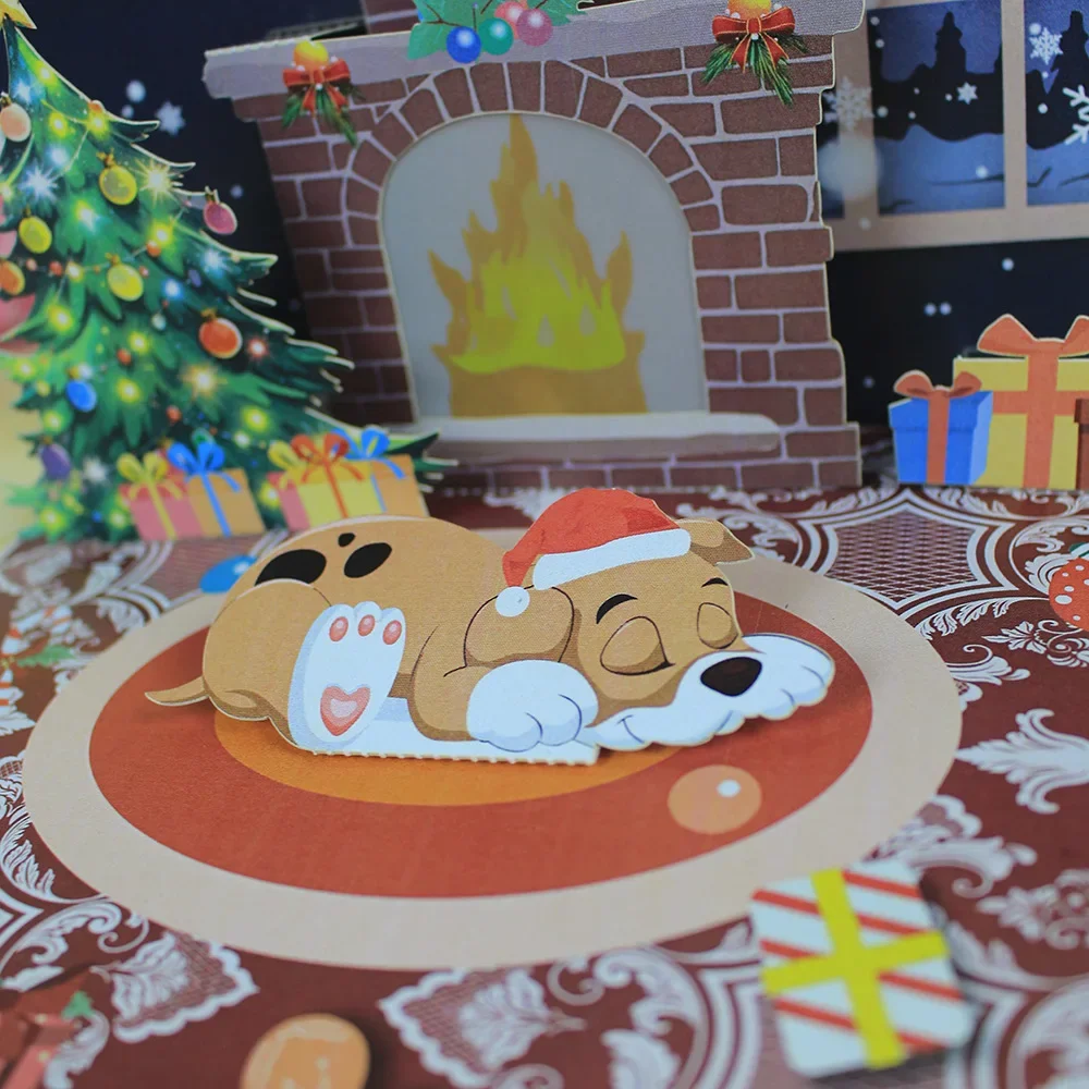 Christmas Blessings Music Lights Projection Elderly Fireplace 3D Stereoscopic Greeting Card Paper Sculpture New Year Card 1PC