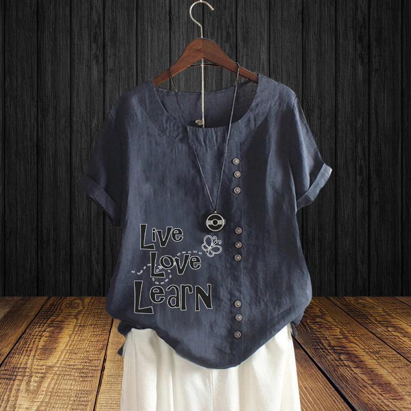 

Casual Loose T Shirt for Lady Women's Clothing Cotton Linen Short Sleeve O Neck Positive English Words Printed Summer Pullover
