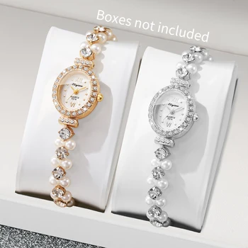 1/2PCS Fashion Diamond Roma Dial Women Quartz Wristwatch Set Ladies Elegant Pearl Alloy Strap Watch (Without Box) 1