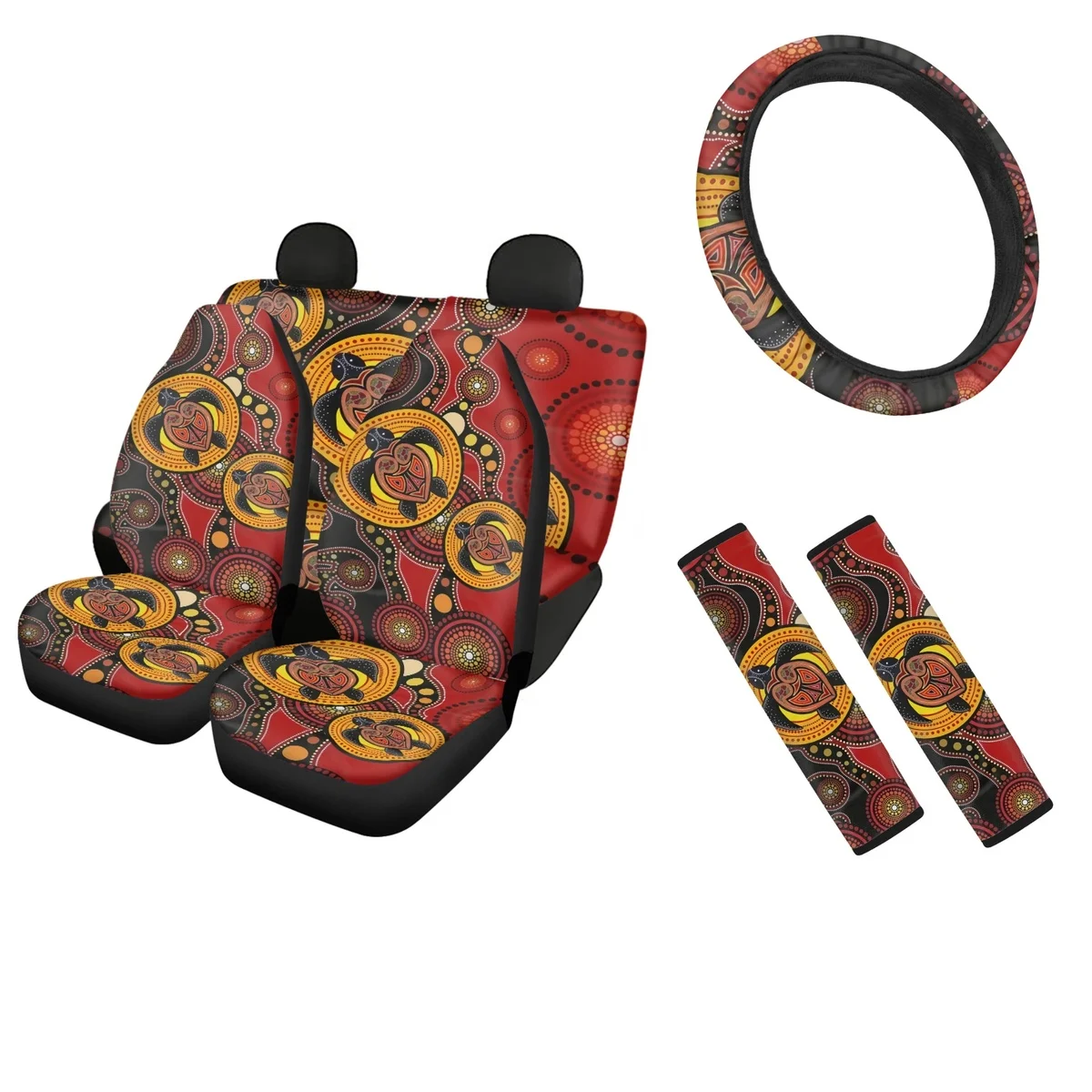 

Car Front/Rear Seat Covers Australia Turtles Pattern Indigenous Aboriginal Design Steering Wheel Cover Set Auto Seat Belt Cover