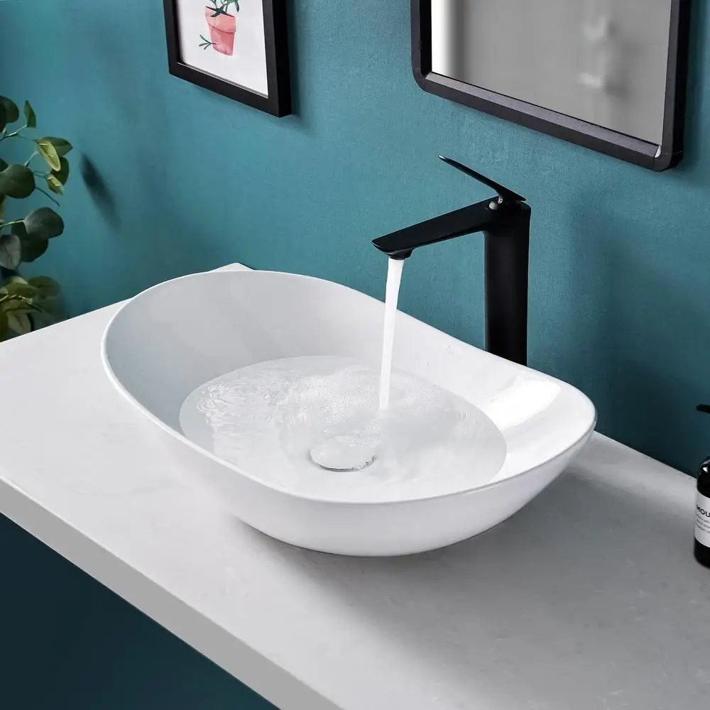 Large Oval Ceramic Vessel Sink with Pop Up Drain Bathroom Above Counter Sink White Nordic Style Easy Install High-Temperature 3