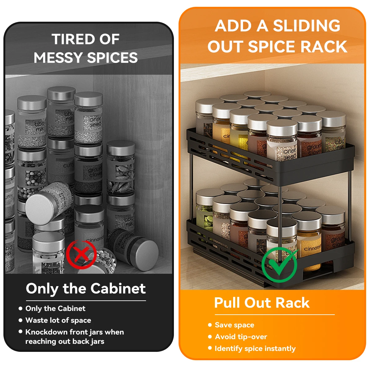 WORTHBUY 2 Tier Seasoning Bottle Sliding Storage Rack Cabinet Multipurpose Drawer Organizer Shelf Plastic Kitchenware Spice Rack 4