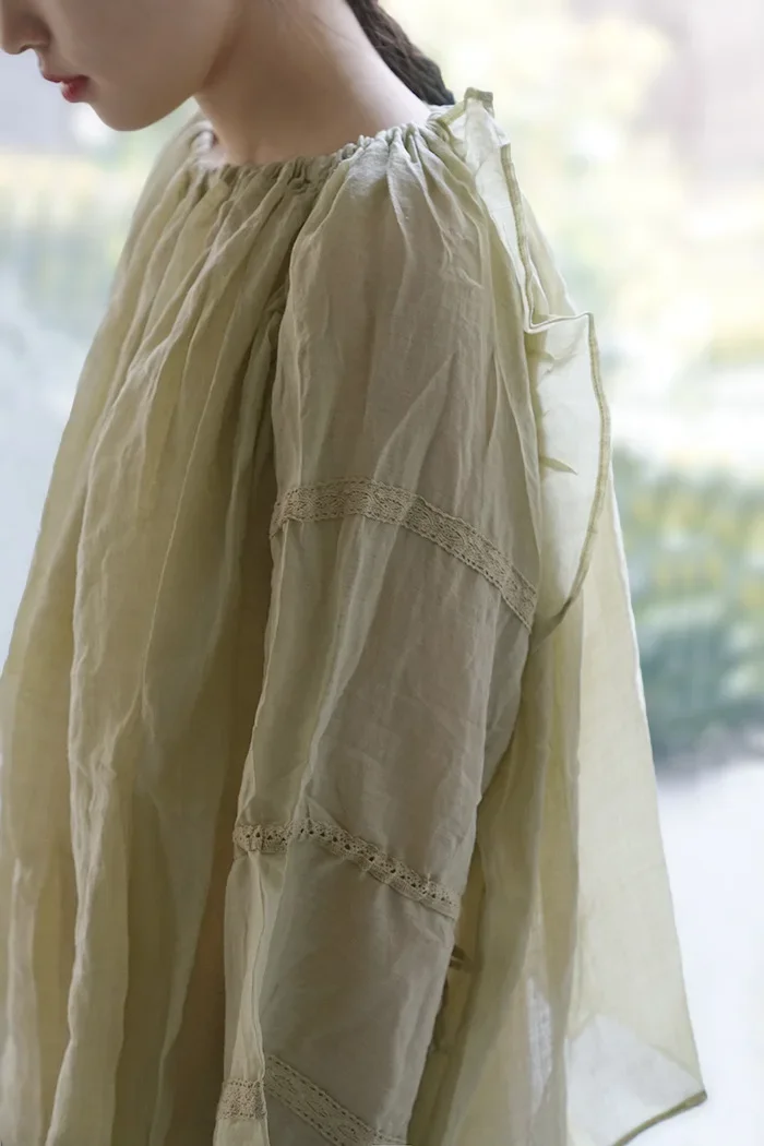 Spring and Summer Thin Transparent Fine Ramie Loose Oversized Shirt Retro Idyllic Two-Way Wear Sun Protection Top