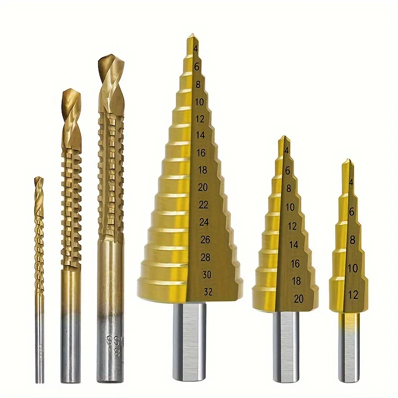 Step Drill Bit 6pcs/set 4-32mm Woodworking Hole Cutter Titanium Coated High-Speed Steel Includes 3mm/6mm/8mm Sawtooth Bit
