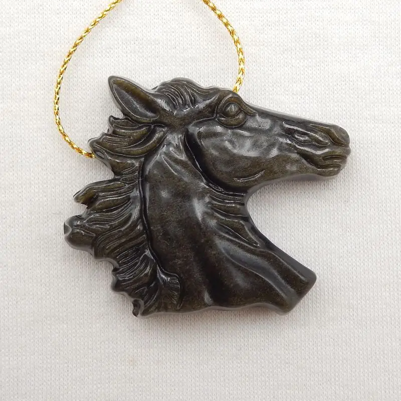 Semiprecious Natural Stones Gold Obsidian Carved Horse Head Pendant Bead 42x39x9mm 21g Fashion Jewelry Necklace Accessories