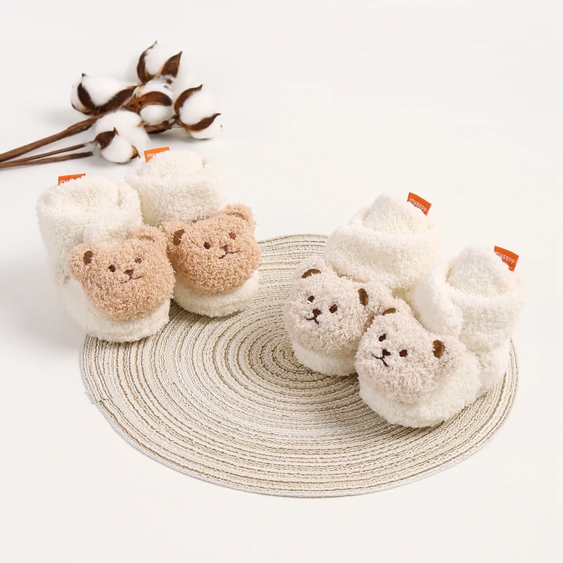 Suefunskry Baby Fuzzy Booties Cute 3D Bear Head Pattern Soft Sole Non-Slip Crib Shoes for Fall Winter