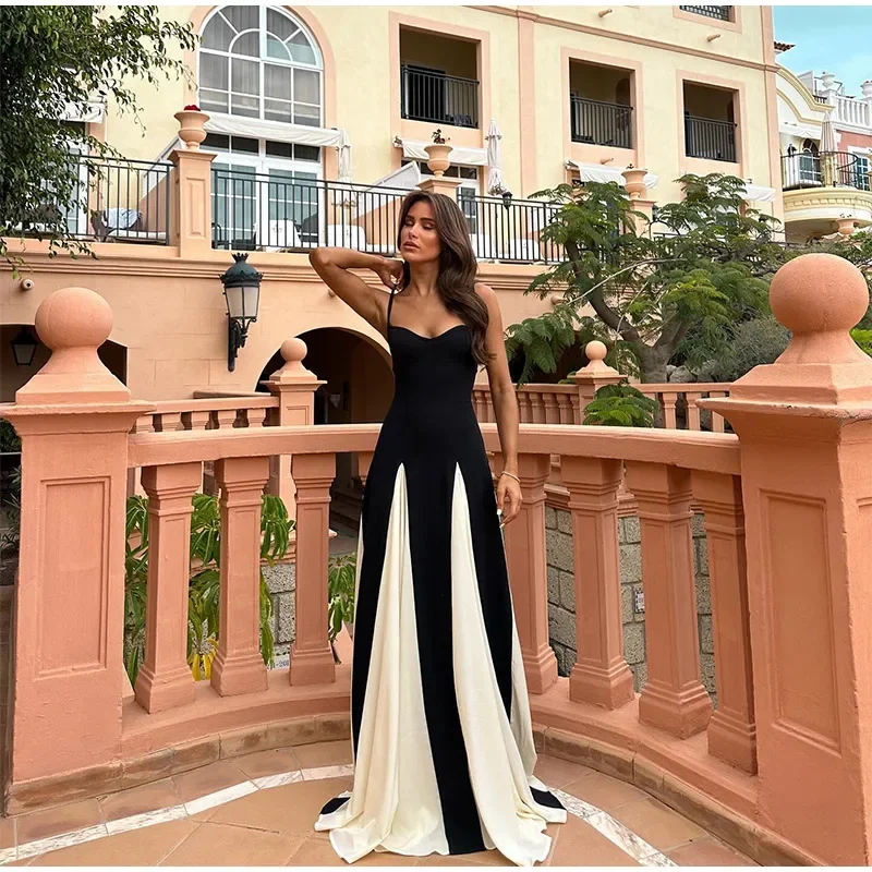 Sexy Contrast Patchwork Sling Dress Women's Sleeveless Backless High Waist Maxi Dresses 2025 Summer Lady Evening Party Club Robe 3