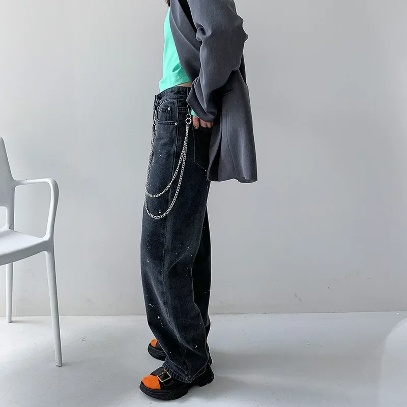 Full Length Streetwear Polyester Wide Leg Trousers Women Spring Autumn Pants Pocket High Waist Paint-splashing Style Denim Jeans