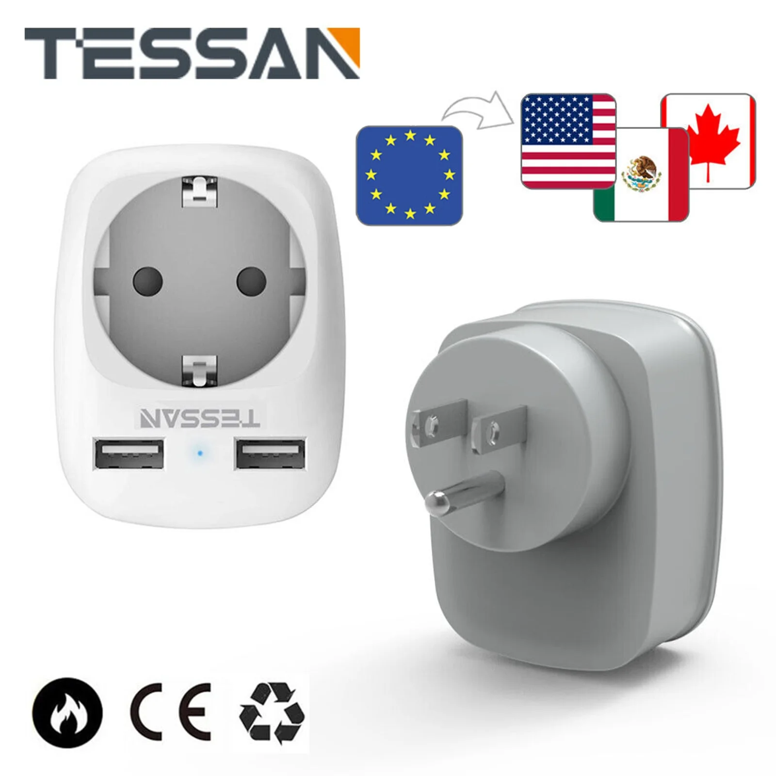 TESSAN Travel Adapter European to American Adapter with 2 USB 2.4A, Socket Adapter Travel Plug Power Adapter for Canada Mexico