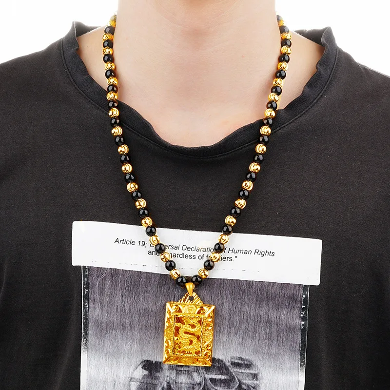 Gold Plated 14k Original Hollow Dragon Square Hanging Pendant Necklace for Men Father Bro Chain Necklaces Lucky Jewelry Gifts