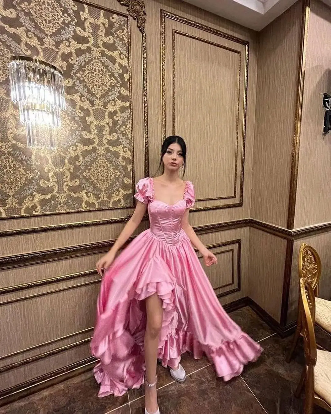 

Элегантное ТРАПЕЦИЕВИДНОЕ розовое искусственное платье, вечернее женское платье на день рождения с оборками и разрезом на ногах для особых случаев
