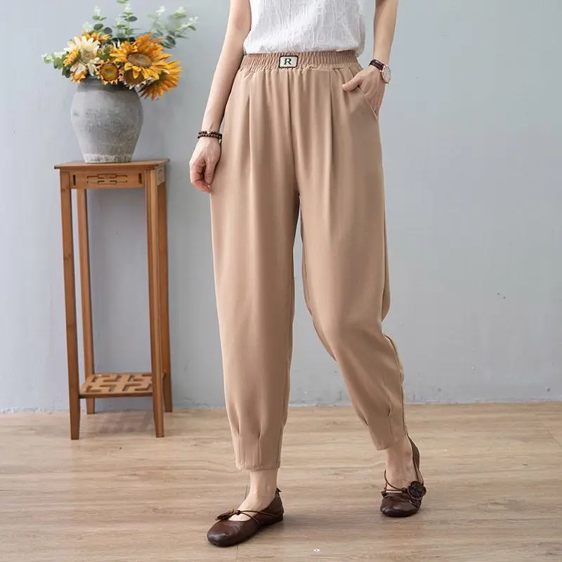 Pantaloni Da Donna In Seta Di Ghiaccio 2022 Pantaloni Sottili Estivi Tinta Unita Ragazza Elastico A Vita Alta Pantaloni Harem Da Donna Larghi Casual S