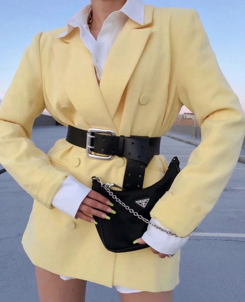 Yellow Double Breasted Casual Office Blazer + High Waist Straight Pants Suit Blazer Suit Solid Colors Two Piece Set 2024 Women