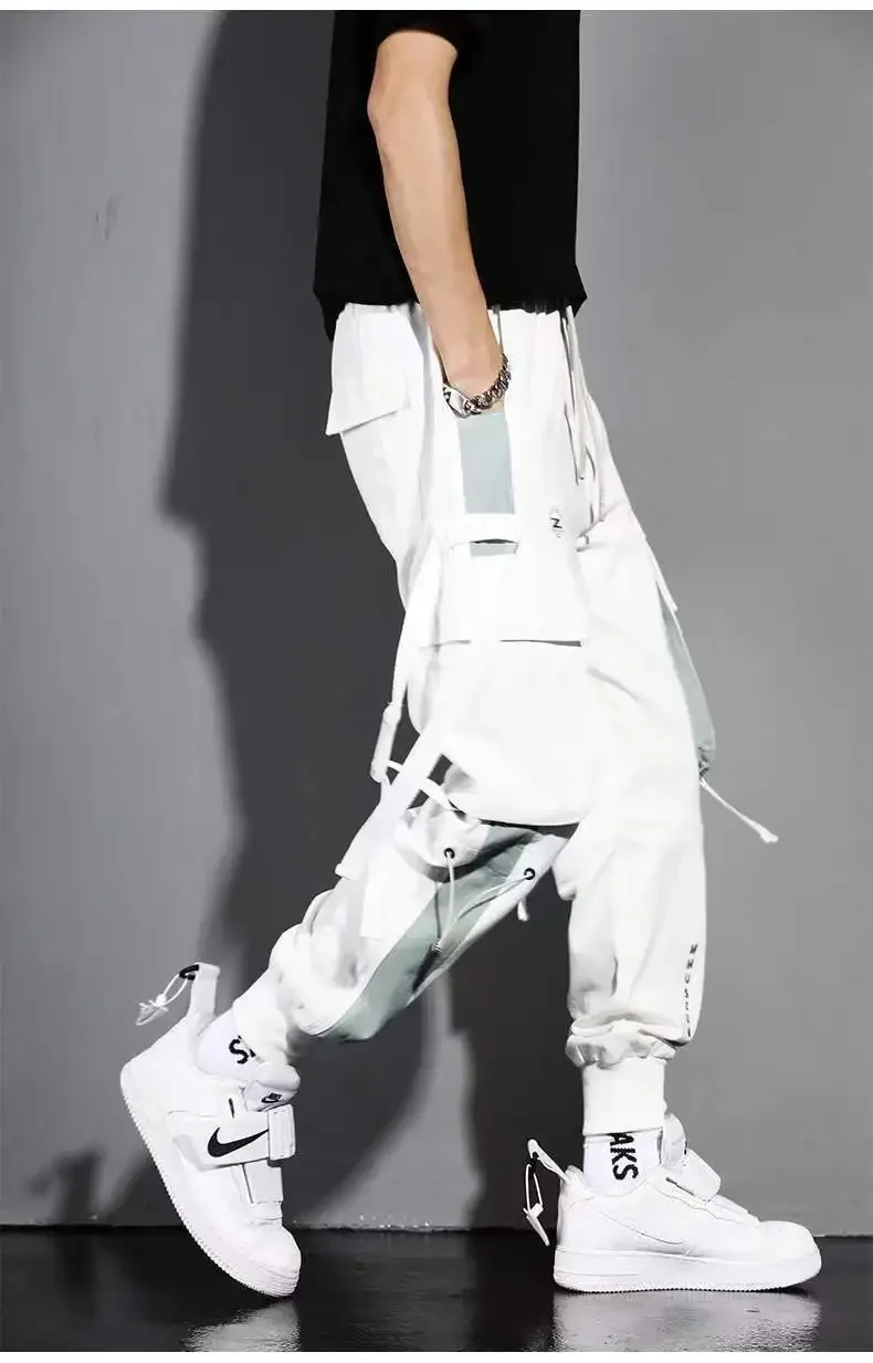 Classic Streetwear Casual Men Ribbons Harem Jogging Pants Male Slim Fit Spring Cargo Pants Multi-Pockets Women Trousers K94 6