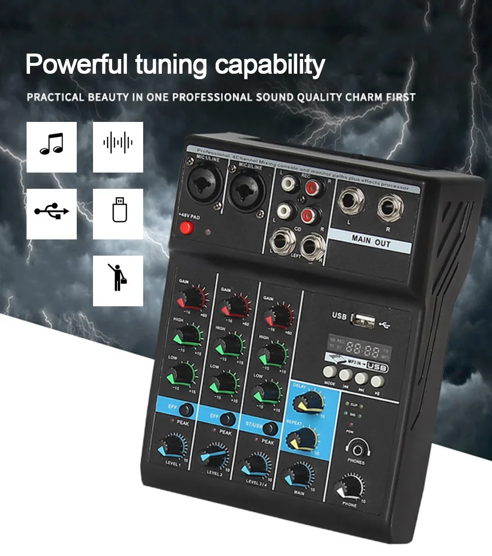 * 4-channel Audio Mixer Portable Live Sound Mixing Console Phantom Power Monitor Interface Computer EU / AU Plug DJ Controller