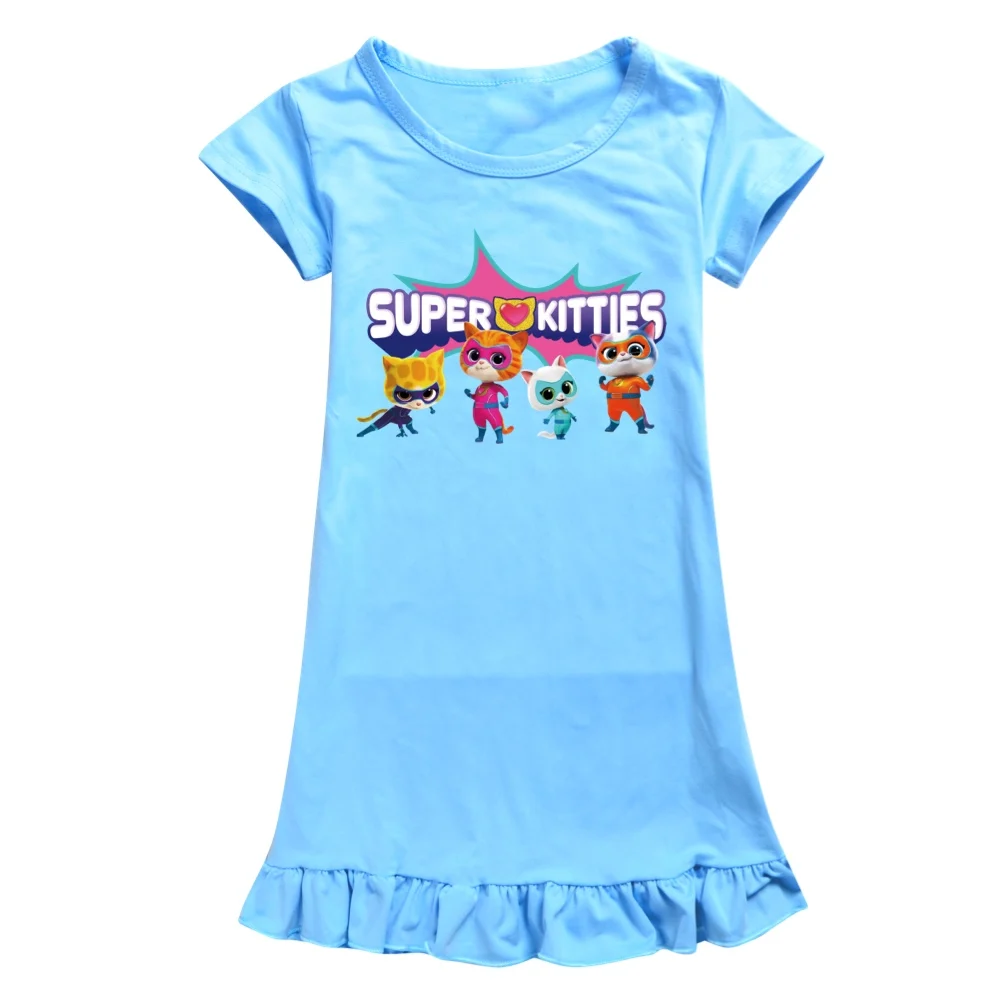 귀여운 Superkitties 고양이 코스튬 어린이 여름 잠옷,  소녀 캐주얼 원피스,  소녀 잠옷, 어린이 잠옷 홈웨어