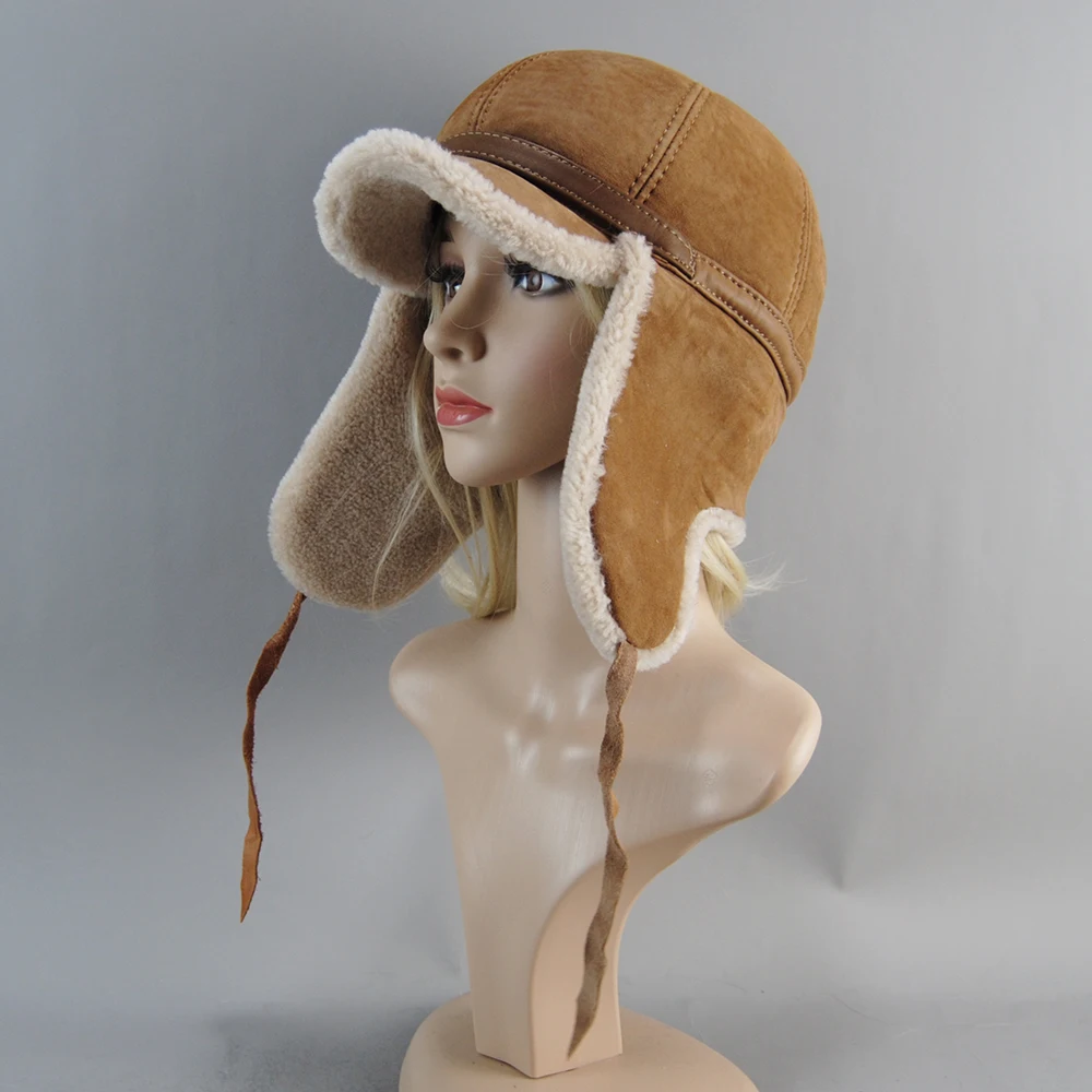 Real Fur Wool Hat base-ball cap Unisex Winter Warm Bomber Russian Ushanka Hats With Ear Flaps Cow Leather Thick Snow Earflaps Baseball Cap
