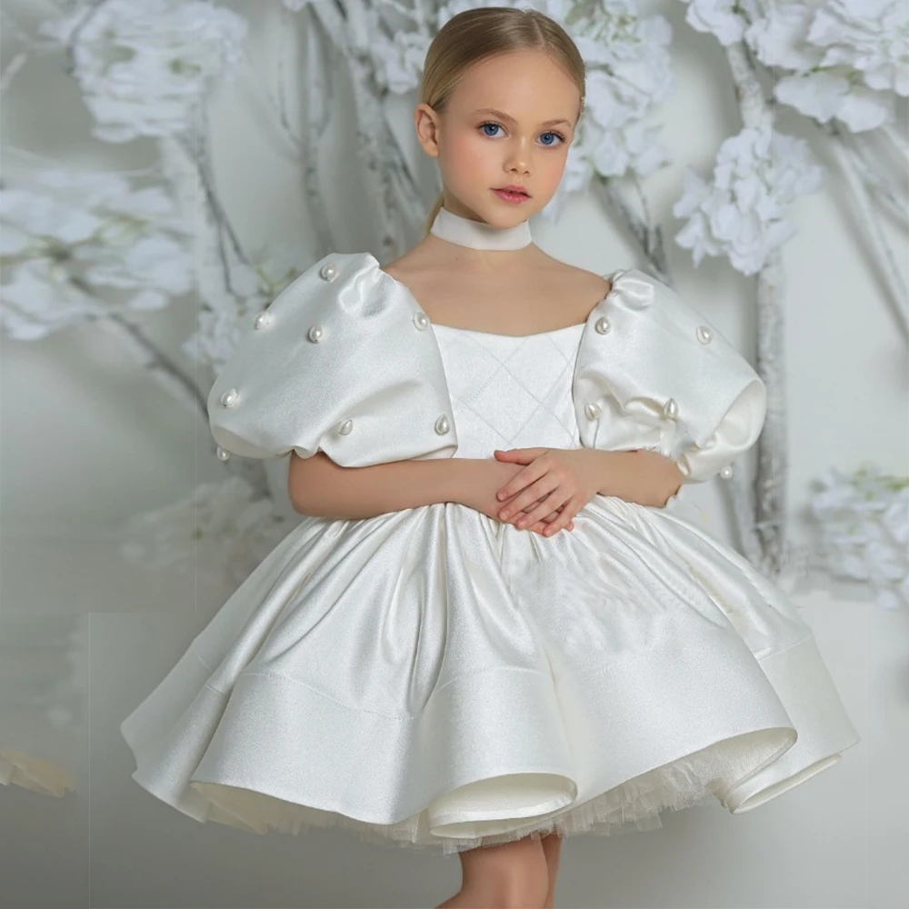 

White Puffy Sleeve Flower Girl Dresses Summer Tutu Half Sleeve Knee Length Christmas Gown Zipper Back With Bow Vestido