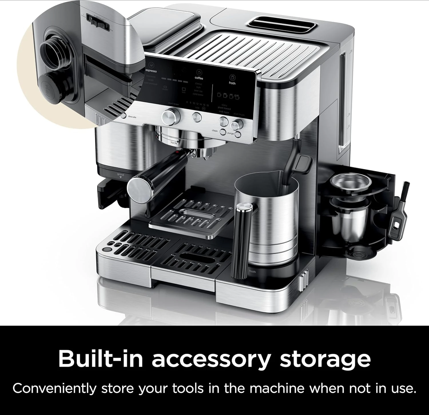Fast cold brew espresso drip coffee maker with integrated grinder,tamper,hands-free frother for cappuccino and latte 5