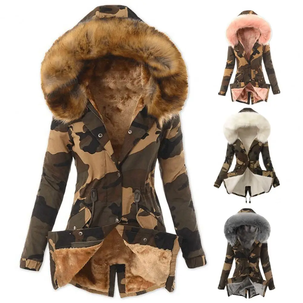 

Stylish Waist Drawstring Plush Hooded Fleece Lined Camouflage Print Overcoat Buttons Closure Pockets Cotton Coat Outerwear