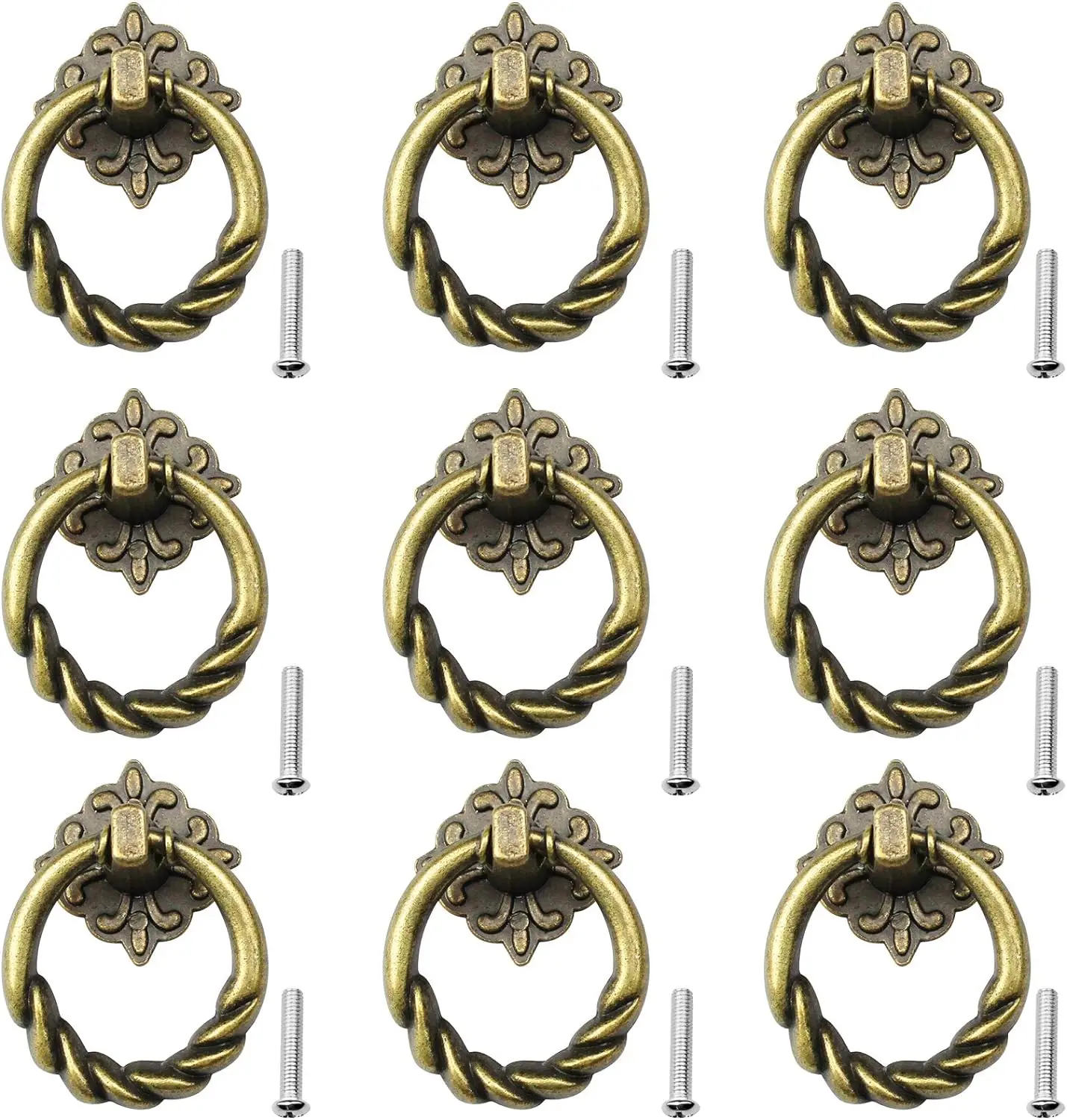 

9Pcs Vintage Cabinet Ring Pull Handles with Screws Retro Drawer Pull Ring Zinc Alloy Antique Handle Knobs Bronze Pull Handles