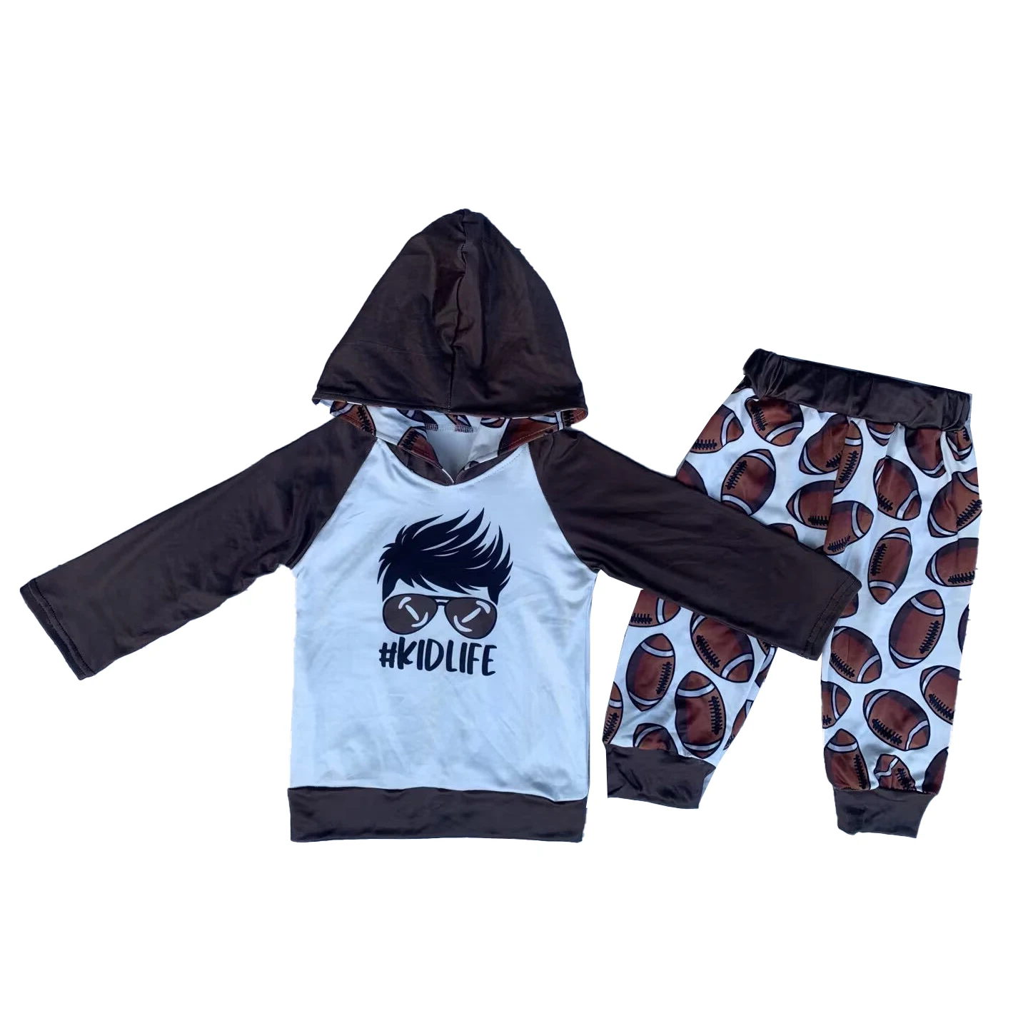 

Wholesale Summer Boutique Boys Hoodie Clothes Brown Suits Rugby Printed Pants Long Sleeve Tops