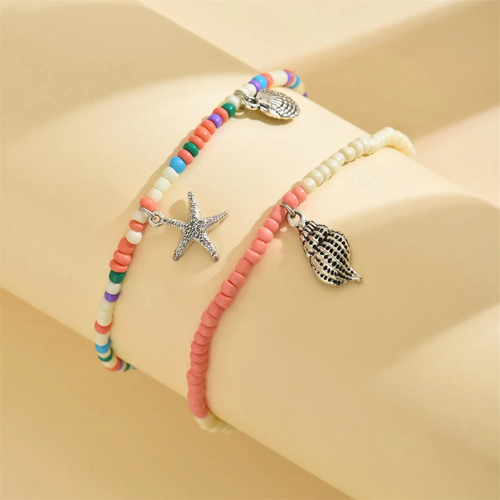Cute Scallops Conch Starfish Pendant Anklets For Women Rainbow Beads Ankle Bracelet Beach Jewelry Foot Chains Summer Accessories