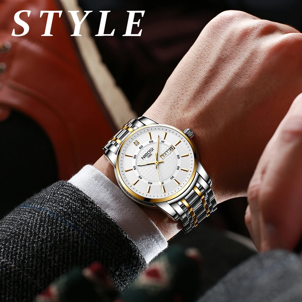NIBOSI Fashion Mens Watches Top Brand Luxury Gold Quartz Watch Sports Stainless Steel Waterproof Date Wristwatch Men's Clock
