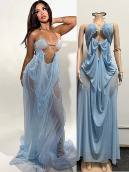 Joskaa Sexy Backless Irregular Mesh See Through Beach Dress Women Halter Chain Deep V Ruched Birthday Dress Vacation Clubwear 1