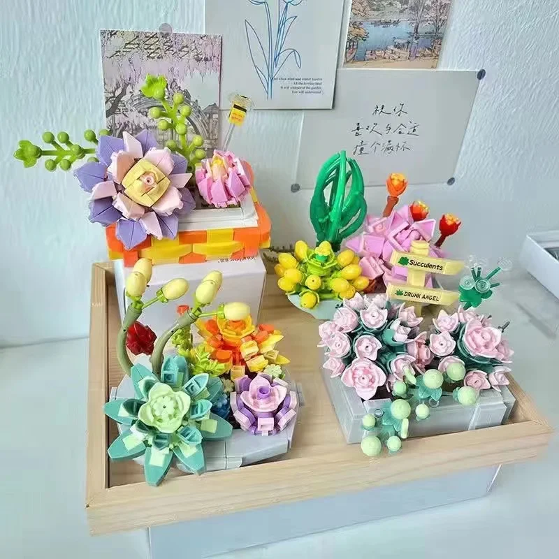 

Детский пазл, сборка, букет мелких частиц, блоки, имитация лилий, кубики в горшке, цветы, искусственные украшения