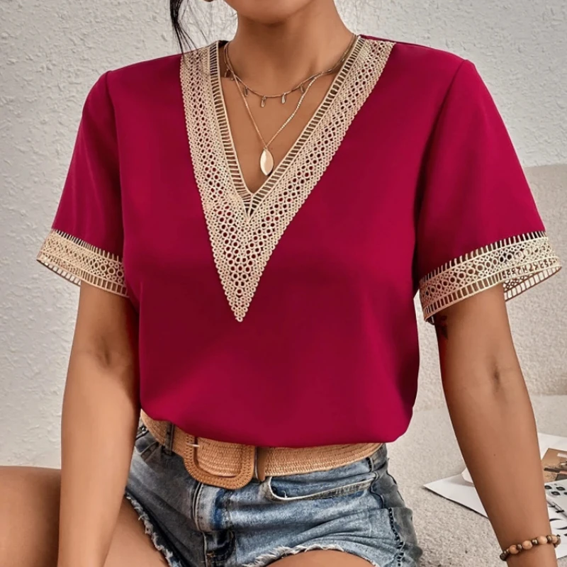 Summer Elegant Short Sleeve Lace Chiffon Blouse V Neck Office Lady 2025 Loose Woman Shirts Casual Tops Hollow Out Clothes 25125