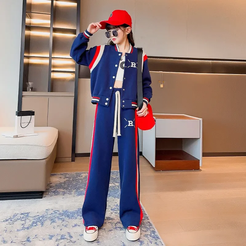 8-14Yrs Girls Fashion Clothes Set Spring Teenage Kids Casual Sport Suit Coat Loose Pants Fashion Two-Piece Children Tracksuit