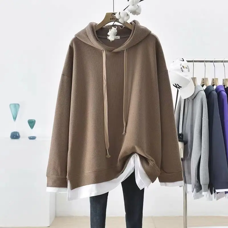 Spring Autumn Contrast Thin Fake Two Piece Hooded Long Sleeve Lacing Loose Plus Size Sweatshirts Casual Fashion Women Clothing