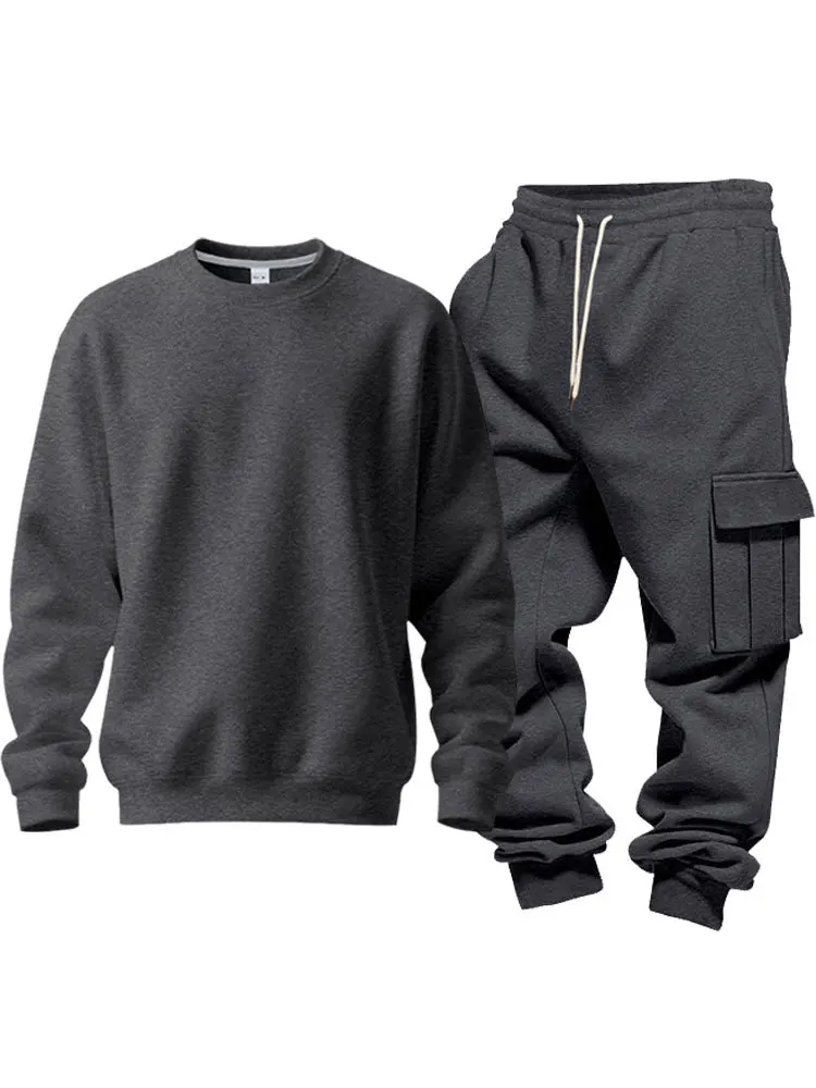 Herren Fleece Rundhals-Sweatshirt-Set Locker Lässiges Langarm-Zweiteiler-Set Herbst Winter Bequemes Sweatshirt Cargo-Hose – Detail 19