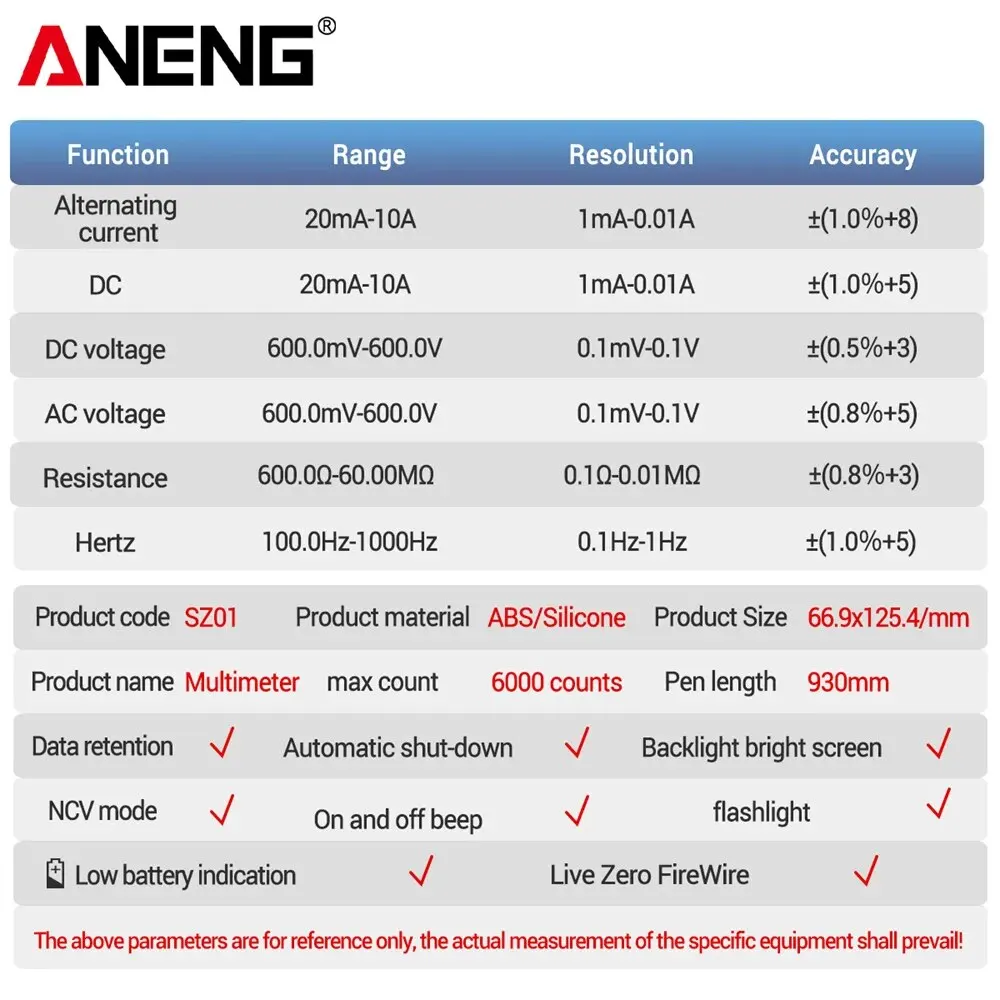 ANENG SZ01 ̿ ׽   Ƽ, True RMS Ʈ AC DC  , ڵ  Ƽ 