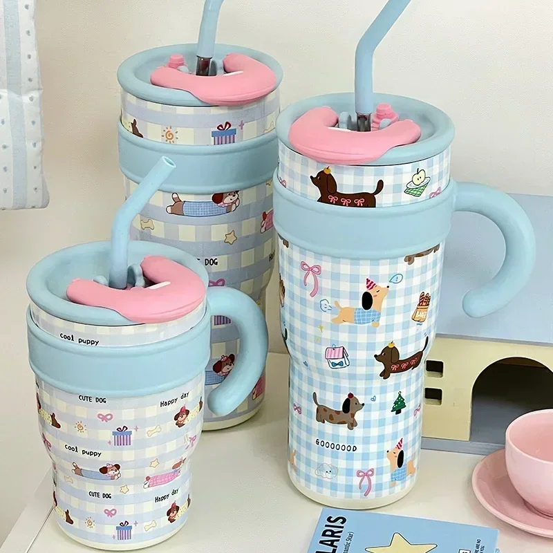 1200ml Cute Water Bottles Large Capacity Thermos Bottle with Straw 700ml Coffee Cup Birthday Gift Travel Mugs with Handle