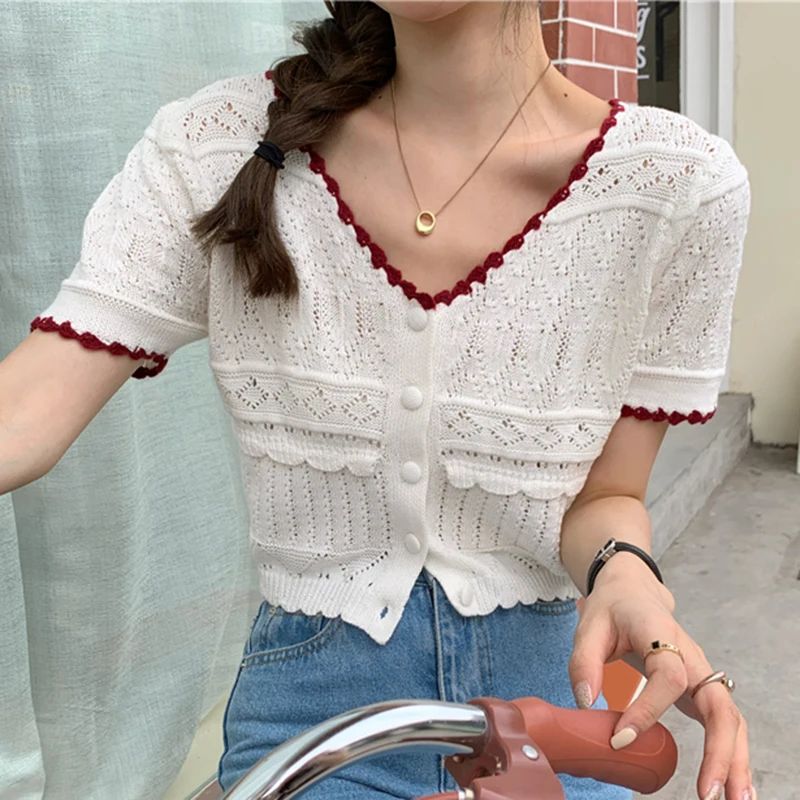 

Sweet Knitted Short Crop Top Femme Hollow Out V-Neck Cardigan Women Summer Women Clothing White Thin Short Sleeve Tops