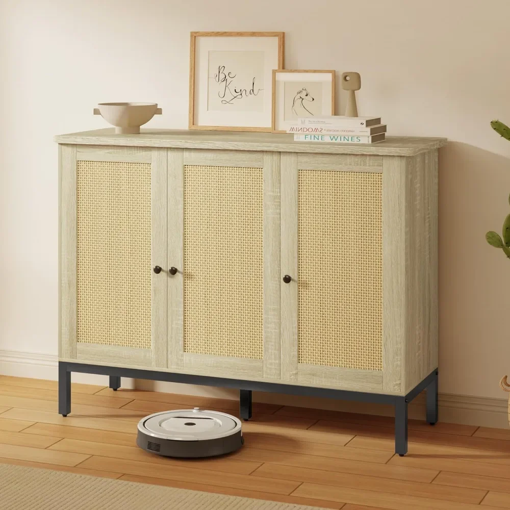 Gizoon Buffet Cabinet Storage, Kitchen Sideboard Buffet Storage Cabinet 3 Rattan Decorated Doors, Accent Metal Legs