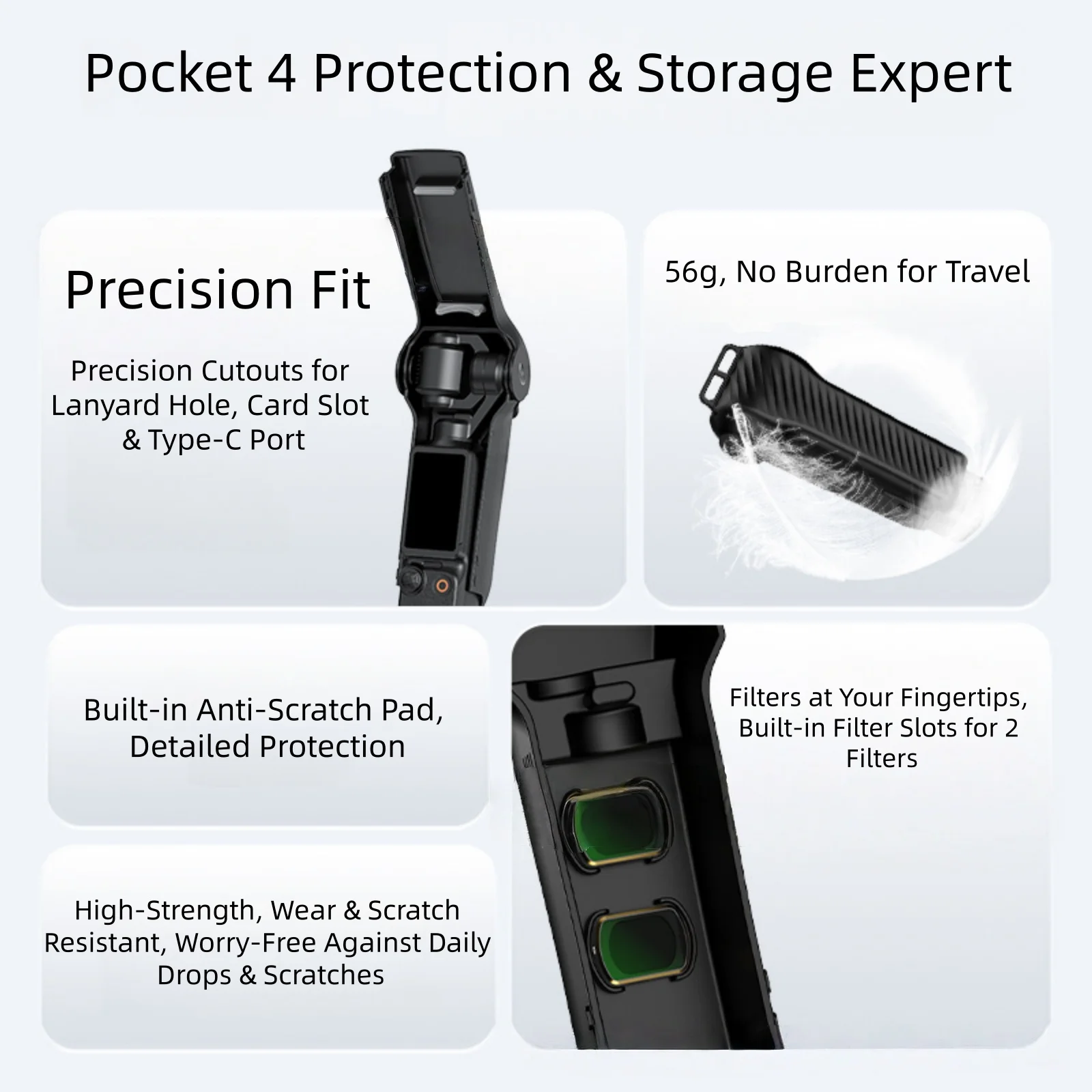 DJI Pocket 4/3 호환 보호 케이스, 필터 슬롯이 있는 풀커버 쉘, 긁힘 방지 PC 및 실리콘 소재
