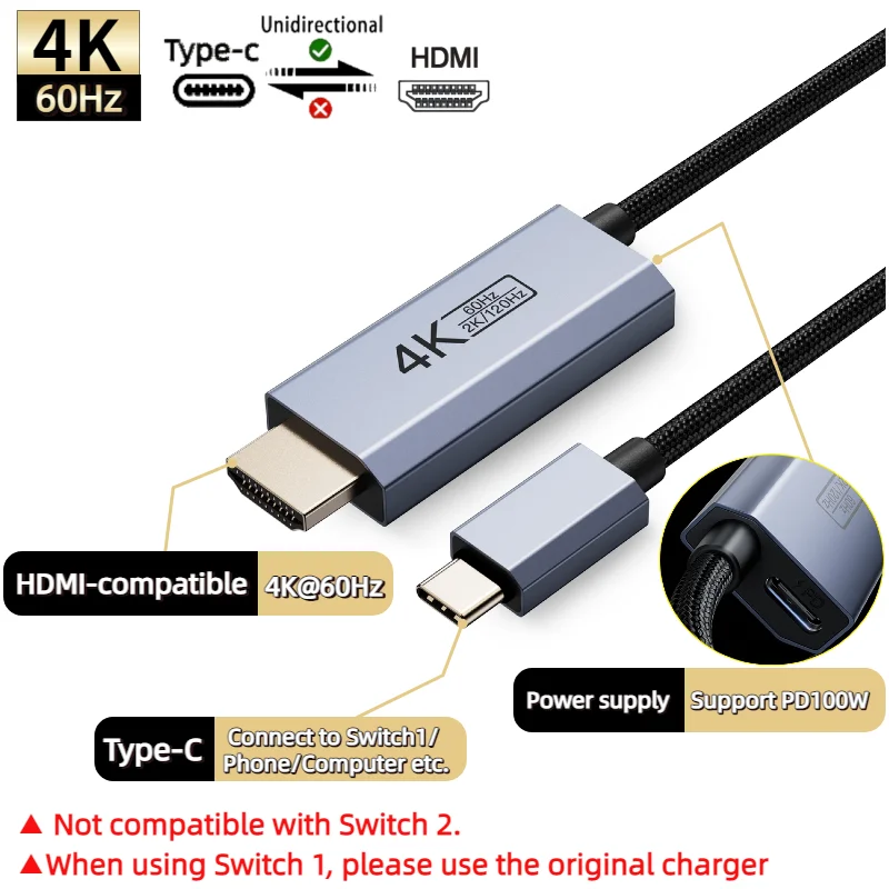 닌텐도 스위치1용 스위치 독 USB C to HDMI 케이블 4K@60Hz 타입-C to HDMI 어댑터 6.6FT HDR 100W PD 노트북, 휴대폰, 컴퓨터용