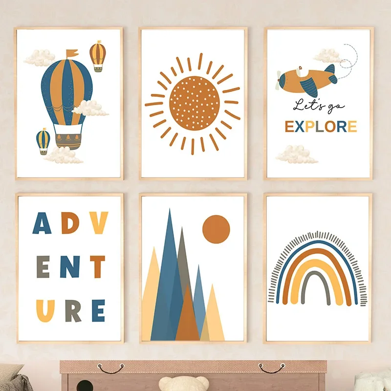Mountain Hot Air Balloon Airplane Sun Rainbow Wall Art Canvas Painting Nordic Poster Stampe Cartoon Pictures Kids Room Decor